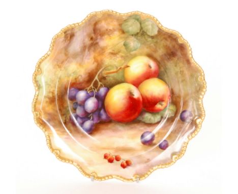 A Royal Worcester Fallen Fruits cabinet plate decorated by H. Price with hand painted apples, red grapes and redcurrants agai