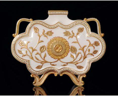 A late 19th Century Royal Worcester Aesthetic vase of flattened cloud form decorated to each side with gilt stylised flowers 