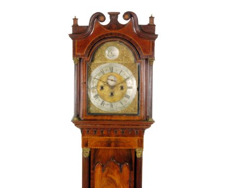 A 19th Century and later mahogany longcase clock, the case with twin scroll pediment and reeded pilaster supports with ormolu