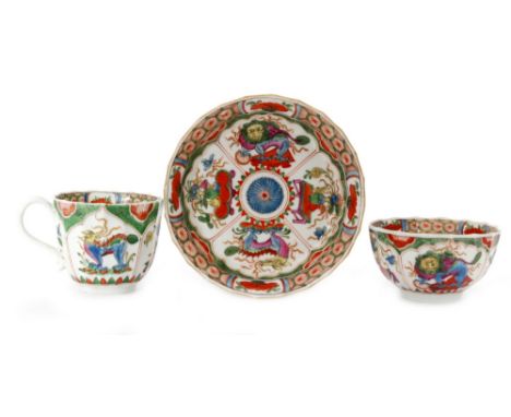 An 18th Century Worcester Dragons in Compartment (or Bengal Tiger) pattern trio comprising fluted tea bowl, coffee cup and sa