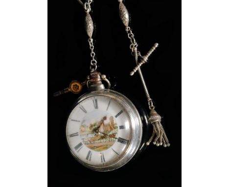 A 19th Century pair cased key wind pocket watch, the white enamel dial with Roman numerals and central painted landscape scen
