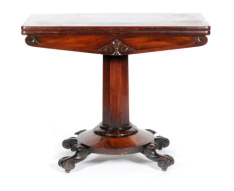 A William IV mahogany fold-over card table, with a chevron-shaped apron above a petal base with four scroll feet, width 91cm,
