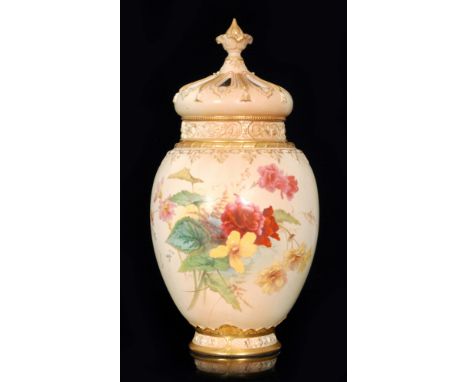 A large Royal Worcester blush ivory shape 2048 pot pourri vase with pierced domed cover decorated with flowers and foliage, t