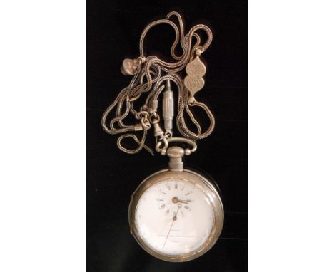 A white metal pair cased key wind verge pocket watch with stop watch feature, the white enamel dial with outer seconds and Ar