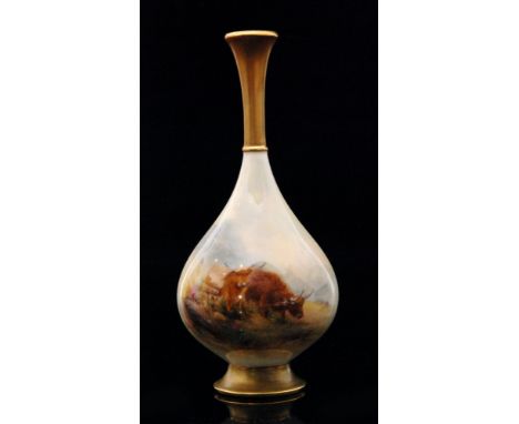 A Royal Worcester footed bottle vase panel decorated by Harry Stinton with hand painted highland cattle against a mountainous