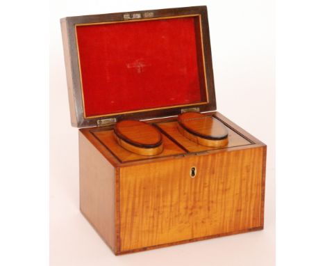 A 19th Century crossbanded and line inlaid satinwood banded rectangular two divisioned tea caddy, fitted interior, width 20cm
