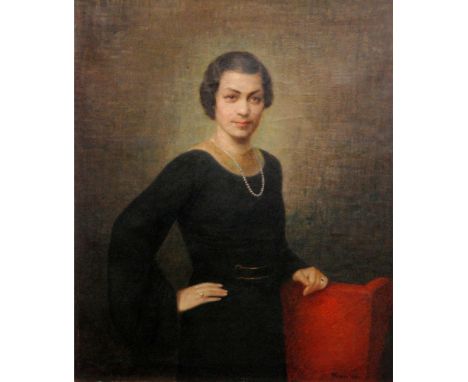 C. FENGER (EARLY 20TH CENTURY) - Portrait of a young lady wearing a pearl necklace and black dress, three quarter length, oil