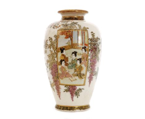 A 19th Century Japanese Satsuma vase of high shouldered form decorated with enamel and gilt cartouche panels of  robed ladies