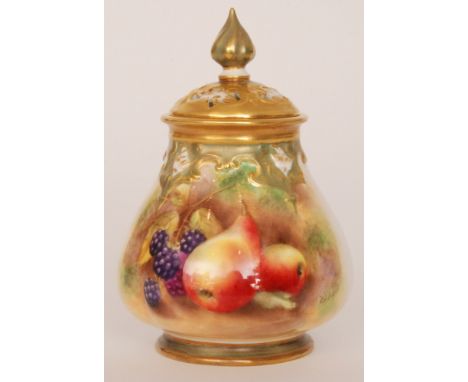 A Royal Worcester Fallen Fruits pot pourri with a spire cover panel decorated by R.D Love with pears and blackberries, signed