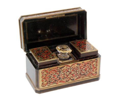 A 19th Century French boulle work and red tortoiseshell tea caddy fitted with two removable canisters and centred with a deca