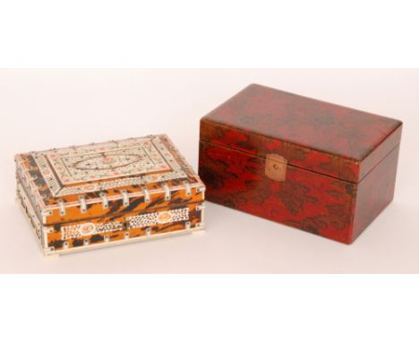 An early 20th Indian Vizagapatam tortoiseshell and ivory mounted jewellery casket, width 21cm, together with Chinese red lacq