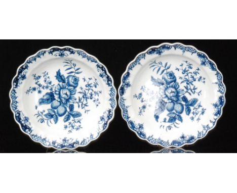 Two 18th Century Worcester Pine Cone pattern shallow dishes each transfer to the central well with foliage and pine cones wit