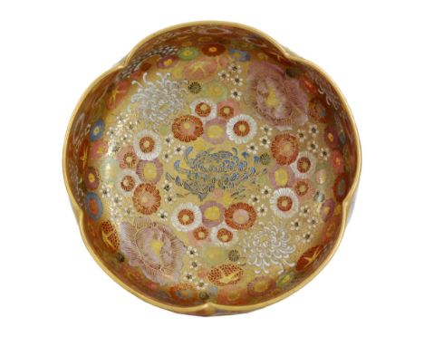 A 19th Century Japanese Satsuma cinqufoil bowl decorated to the interior and exterior with chrysanthemum and flower heads in 