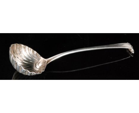 A George III hallmarked silver sauce ladle Onslow pattern with fluted bowl, length 17cm, London 1789, Smith and Fearn, 