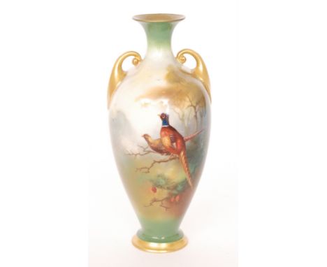 A Royal Worcester twin handled vase decorated by Powell with a pheasant and a grouse perched on a branch within a woodland se