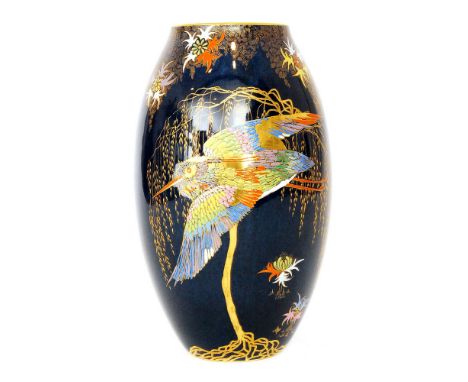 A large Carlton Ware Sketching Bird pattern vase of swollen form decorated with an enamel long winged bird against a gilt tra