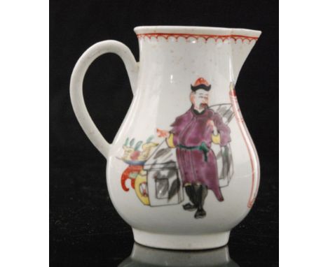 An 18th Century Worcester Chinese Family pattern sparrow beak jug decorated with polychrome enamel figures with a red border 