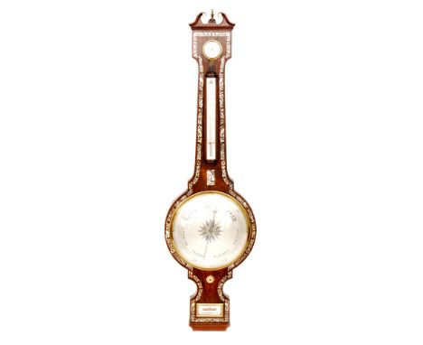 A mid 19th Century rosewood wheel barometer, the circular ten inch dial below a hygrometer dial and thermometer bordered by a