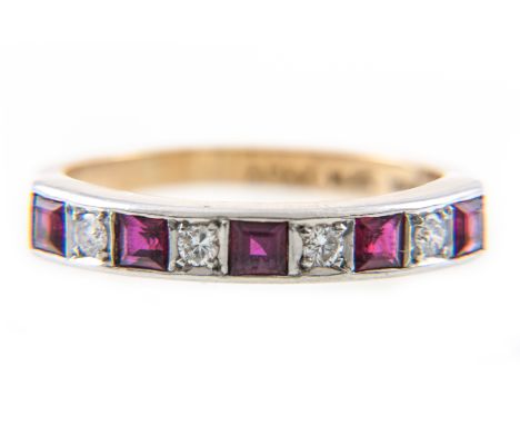 A ruby and diamond half eternity ring, four brilliant cut diamonds and five square cut rubies, line edge set in a yellow and 