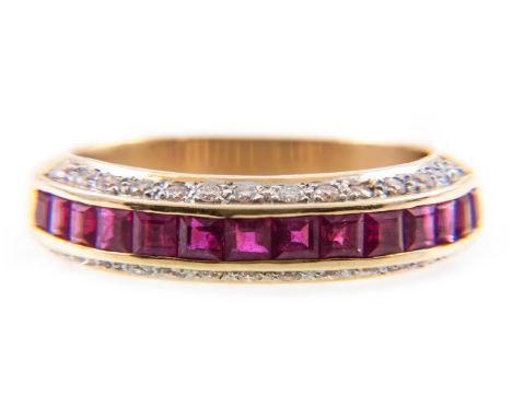 A ruby and diamond half eternity ring, fourteen square cut rubies channel set with fourteen brilliant cut diamonds set into t