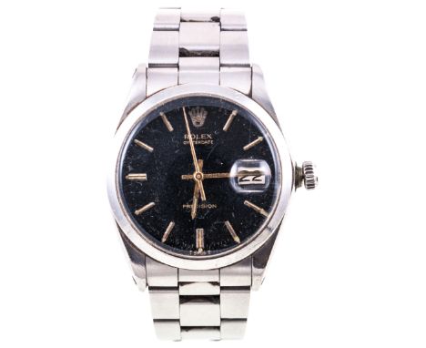 Rolex - A gentleman's Oysterdate Precision wrist watch, circular black 28cm dial with gilt batons and hands, sweep seconds an