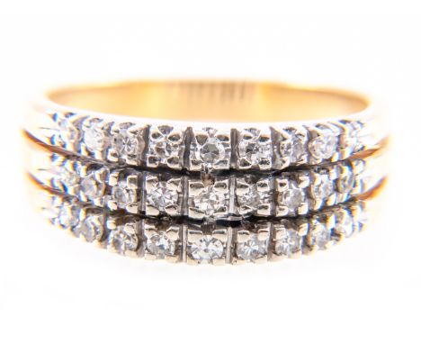 A diamond three row half eternity ring, twenty-seven eight cut diamonds, slightly graduating in size, claw set into three row