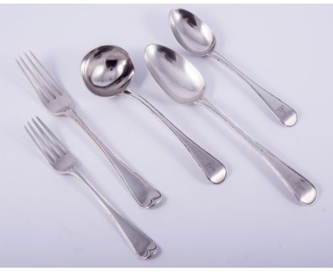 A part canteen of Victorian silver cutlery, Thread pattern, by George Adams, London 1856, comprising eleven table spoons, twe