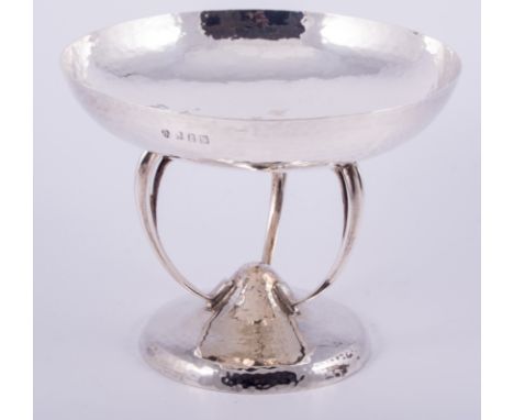 A Scottish Arts and Crafts silver comport, by John A. Fettes, Glasgow 1904, hammered finish, shallow circular bowl, tripod su