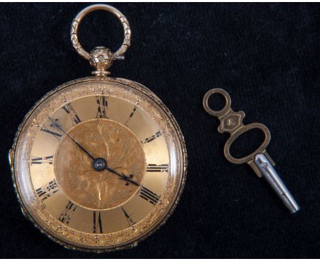 A small 18 carat yellow gold open face pocket watch, gold coloured Roman numeral dial, engine turned outer case with vacant c