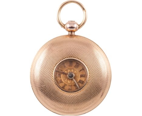 A small 18 carat yellow gold demi-hunter pocket watch, gold coloured roman numeral dial and inner roman scale in an engine tu