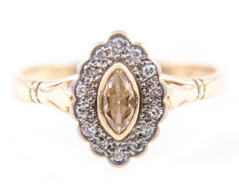 A marquise diamond cluster ring, a single fancy colour marquise cut diamond rubbed-over set to centre and surrounded by an ou