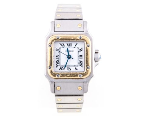 Cartier - A lady's stainless steel and gold Santos wrist watch, the 13mm white dial with roman numerals and inner minute trac