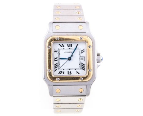 Cartier - A gentleman's stainless steel and gold Santos wrist watch, the 17mm white dial with roman numerals and inner minute