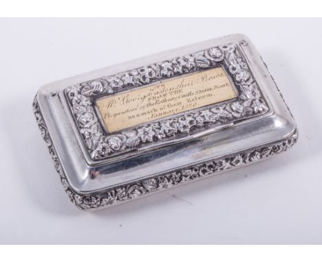 A Regency silver and parcel gilt presentation snuff box, by Joseph Willmore, Birmingham 1819, sarcophagus shape, with repouss