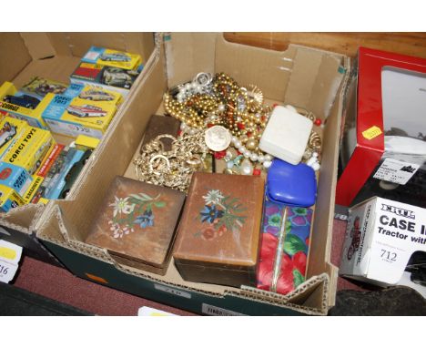 A box of various costume jewellery including bead necklaces and trinket boxes 