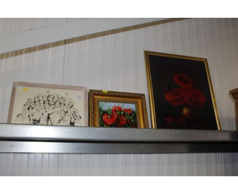 B H Smith, oil on board study of poppies, S G Rayston, oil on canvas study of flowers and a black & white print depicting a c