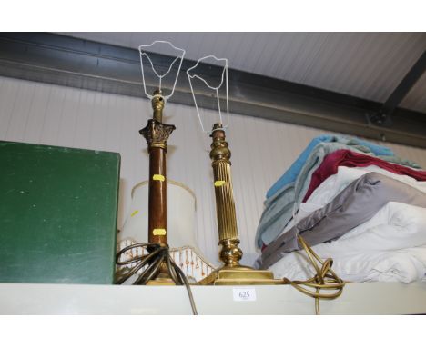 A brass Corinthian column table lamp and another