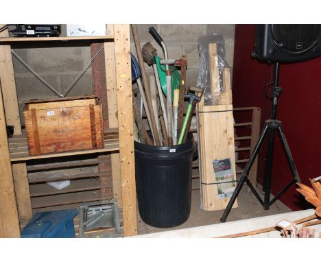 A plastic bin and contents of long handling gardening tools