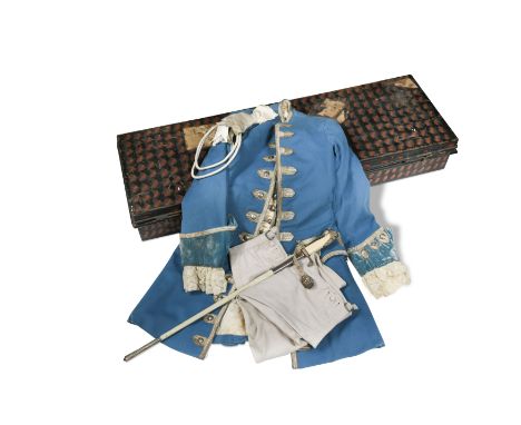 of mid blue jacket with silvered thread embroidery, silk waistcoat, breeches, stockings, lace frill, black shoes with buckles