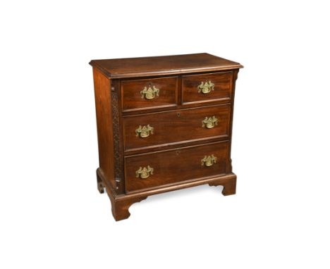 with canted blind fret carved sides, brass plate handles, on bracket feet (Dimensions: h: 77cm w: 73cm d: 40cm )(h:&nbsp;77cm