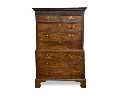 with blind fret frieze, canted fluted sides, two short and six long drawers, brass swan neck handles, on shaped bracket feet 