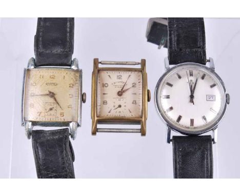 A tank style gentleman's Roamer wristwatch, on leather strap; together with a similar example by Triumph, and a gentleman's r