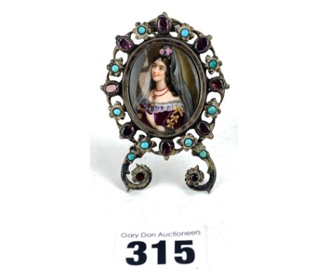 Handpainted miniature portrait in frame with turquoise and purple stones,  2.5" long