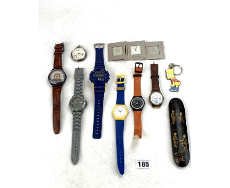 8 assorted watches inc. Swatch, fob watch, Mercedes Benz mini clock, lacquered case &amp; keyring