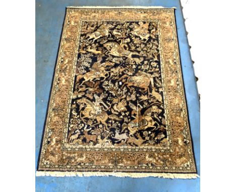 Samarkand yellow/black rug with horse and rider hunting scenes, 77" x 55.5"