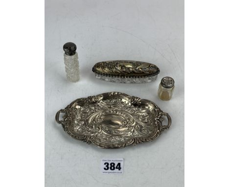 Silver trinket set inc. Tray 7" long, silver lidded oval cut glass dish and 2 silver topped cut glass bottles, total weight o