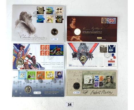 6 Royal Mail/Royal Mint Two Pound Coin First Day Covers - Robert Burns 250th Anniversary 2009, DNA Discoveries 1953 - 2003, 5