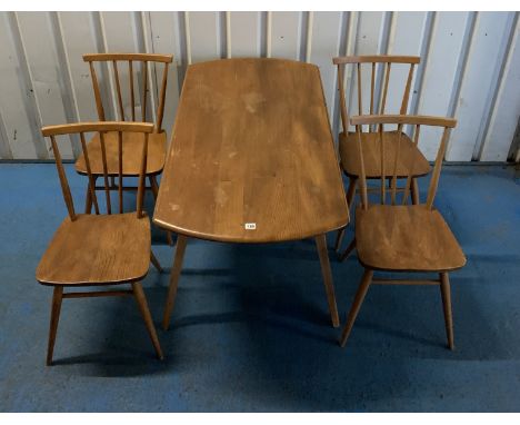 Mid-brown Ercol dropleaf dining table 28"h x 48"dia (open) 25" (closed) and 4 chairs 14"d x 14"w x 31"h