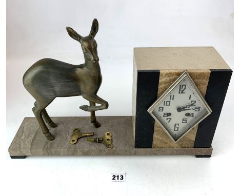 Deco marble mantle clock with bronze deer figure with pendulum &amp; keys, 18"w x 4.5"d x 12.5"h (working)