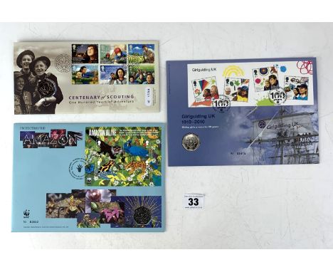 3 Royal Mail/Royal Mint Fifty Pence Coin First Day Covers - Girlguiding UK 1910-2010, Centenary of Scouting 1907-2007 and Pro